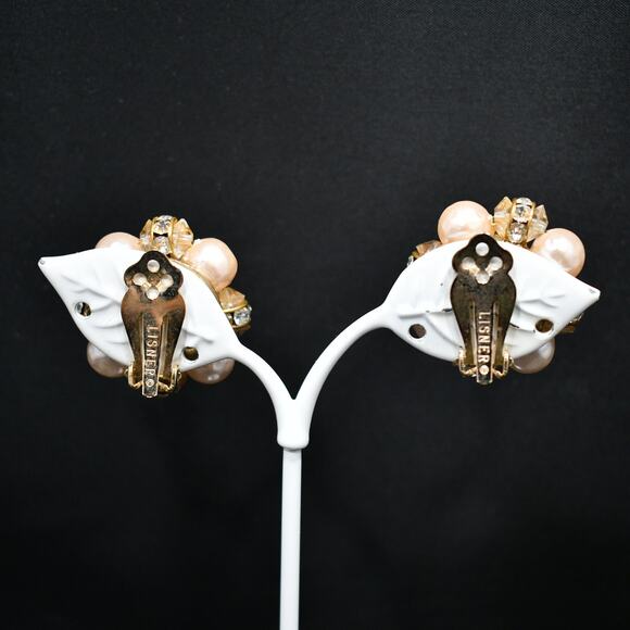 Vintage Lisner Pink Faux Pearl Rhinestone Earrings, Clip-On, Mid-Century, 1950s - Picture 3 of 10